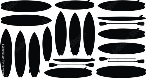 Surfboard and paddle silhouettes collection featuring boards and oars isolated on light background for water sports, surfing, kayaking and beach recreation equipment concepts