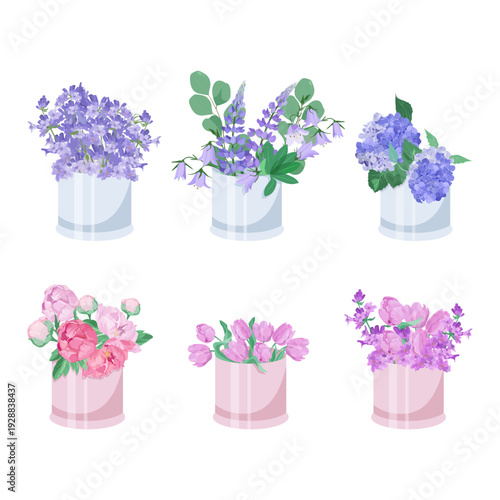 A set of flower bouquets in a box on an isolated background. Vector illustration.