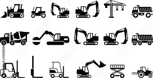 Construction vehicles silhouettes, bulldozer, excavator, forklift, crane, dump truck illustration, flat vector