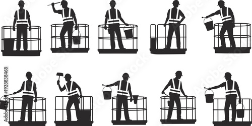 Construction worker silhouettes, scissor lift, safety helmet, painting, maintenance illustration, flat vector