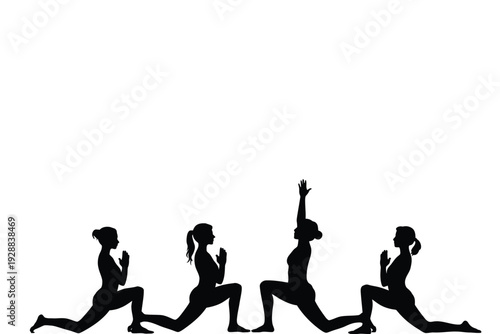Lunging woman silhouette in various poses for fitness and exercise