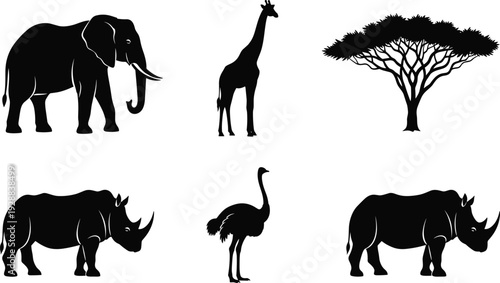 African safari animal silhouette collection featuring elephant, giraffe, rhinoceros, ostrich, and acacia tree icons, savanna wildlife vector graphics for nature design.