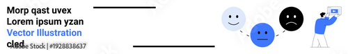 Person holding a device, evaluating three emotions happy, neutral, and sad through icons. Ideal for feedback, psychology, mood tracking, surveys user experience research. Simple landing page