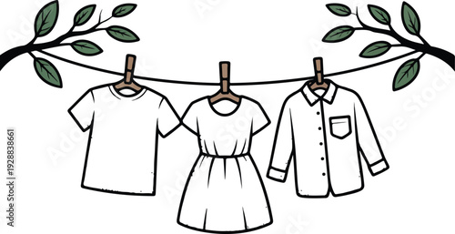 Eco Laundry Line Art Pack Clothing on Line Between Trees, Sustainable Living Vector Set