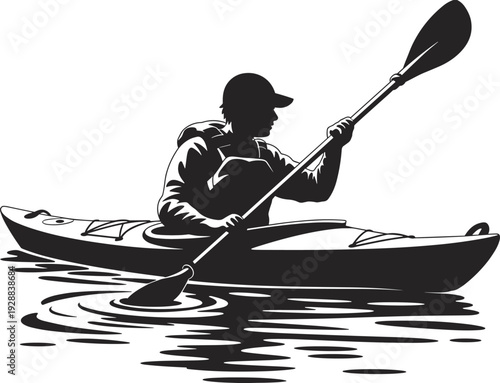Kayak paddling vector illustration with safety gear, water ripples, and dynamic motion—ideal for sports artwork, adventure branding, outdoor lifestyle, and travel design projects.