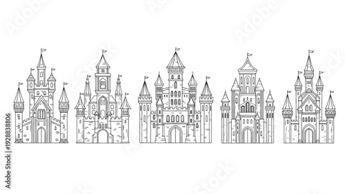 Ornate castles with intricate details and towers in a row illustration