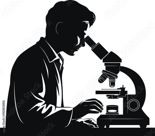 Microscope vector illustration with researcher silhouette adjusting focus and analyzing samples—ideal for scientific artwork, laboratory 