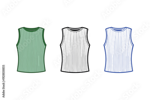 Tank top vector illustration set with green and white ribbed designs