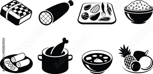 Food icon vector illustration set with rice, soup, chicken pot, sausage, fruits, and traditional dishes—ideal for culinary artwork, 
