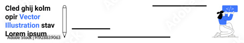 Digital content, writing tools, programming, communication, education, technology. A pen, text and a person coding on a computer. Digital content and writing tools concept