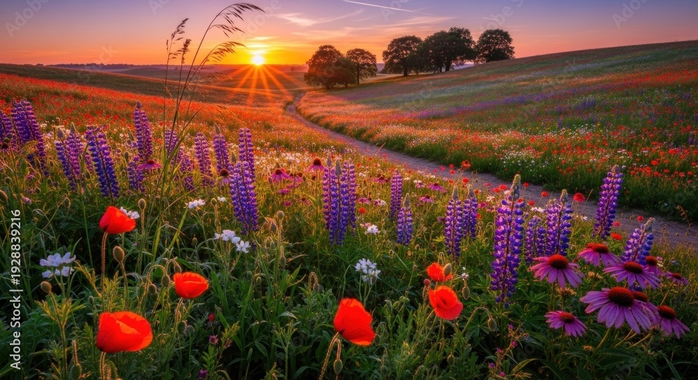 Obraz premium A vibrant, colorful field of wildflowers and poppies at sunset, with a dirt path winding through the landscape.