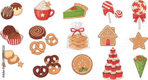 Christmas Dessert and Holiday Sweet Vector Set with Gingerbread House, Candy Canes, Pretzels, Cupcakes, Festive Cake and Winter Treats