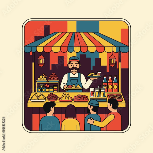 Ramadan Street Food Stall with Vendor Serving Traditional Snacks