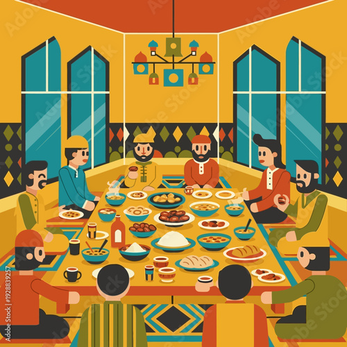 Muslim Men Sharing Iftar Dinner Inside Mosque Interior