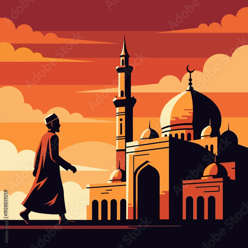 Silhouette of Muslim Man Walking to Mosque at Sunset During Ramadan