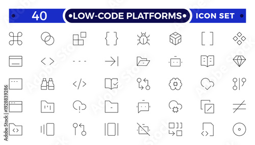 Low coding outline icons set. Simplify, Efficiency, Intuitive, Agile, Rapid, Streamline, Productivity vector symbols and line concept signs. Automate,Scalable,Flexibility vector icon.