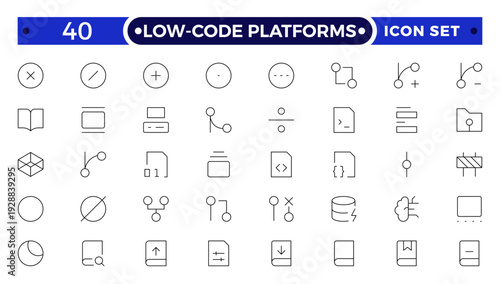 Low coding outline icons set. Simplify, Efficiency, Intuitive, Agile, Rapid, Streamline, Productivity vector symbols and line concept signs. Automate,Scalable,Flexibility vector icon.