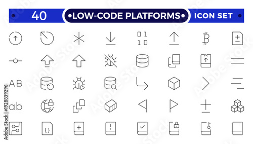 Low coding outline icons set. Simplify, Efficiency, Intuitive, Agile, Rapid, Streamline, Productivity vector symbols and line concept signs. Automate,Scalable,Flexibility vector icon.