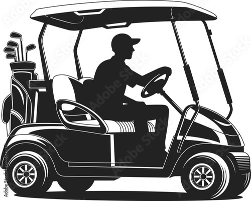Golf cart vector illustration with driver, roof, and golf clubs—ideal for sports artwork, recreational branding, golf course promotions, and lifestyle design projects.