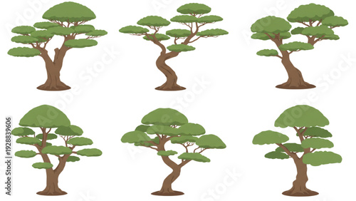 Six identical trees with twisted trunks in two rows
