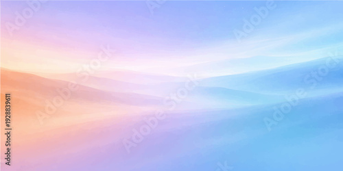 An abstract colorful background of flowing blue waves blends into a bright summer sky with white clouds over a sunset ocean, capturing the beauty of nature and light in a textured landscape