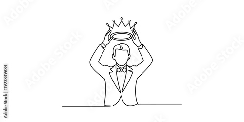 Continuous line drawing of a man in a tuxedo putting a crown on his head for success Vector, illustration