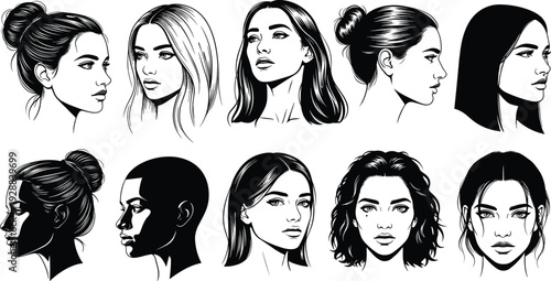 Beautiful woman face silhouettes, female portrait vector set, diverse hairstyles including bun and long hair, line art illustrations isolated on white,