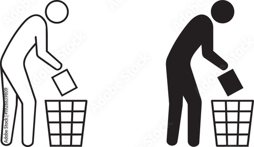 Person Throwing Trash Icon - Littering and Recycling Concept in Black and Outline