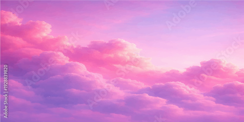 A dramatic summer cloudscape features beautiful pink and white clouds drifting across a blue sky at sunset, creating a serene nature background filled with heavenly light and soft air