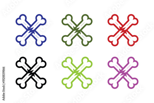 A skull and crossbones icon set in black and white vector graphics