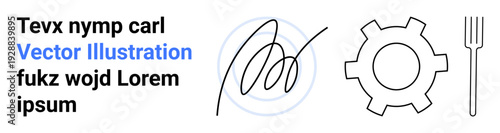 Gear icon, fork, abstract handwriting, and lorem ipsum text create an industrial, culinary, and creative feel. Ideal for branding, creativity, technology education industrial culinary simple