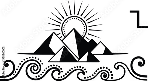 Pyramid and radiant sun silhouette vector illustration, ancient civilization design with cosmic motifs, decorative mystical artwork