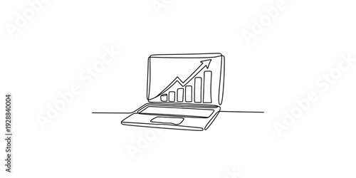 Hand-drawn sketch of a laptop displaying a rising bar chart and an upward arrow for growth Vector, illustration