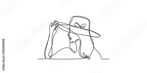 Minimalist continuous line drawing of a woman in a wide brimmed hat holding her hand up Vector, illustration