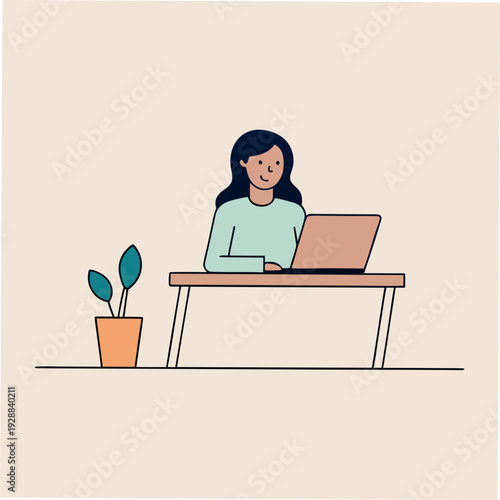 Vector illustration of woman working on laptop at desk