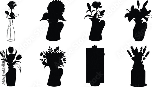 There is a collection of black silhouettes that represent various flower arrangements, each displayed in a different type of vase or container. The use of black silhouettes against a white background 