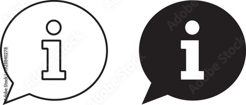 Two speech bubbles with information icon, one outlined and one solid black
