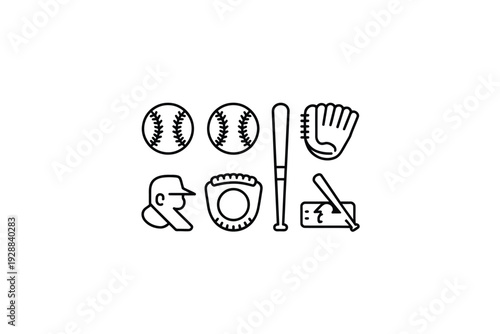 Baseball icon set with balls, bat, glove, and protective gear illustration