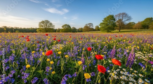 Wallpaper Mural A vibrant, colorful meadow filled with wildflowers, including poppies, lupines, and daisies, under a clear blue sky with scattered clouds. Torontodigital.ca