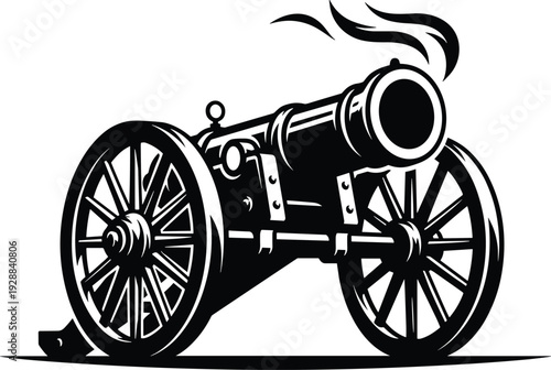Cannon silhouette vector illustration, historical military weapon design with smoke trail, bold warfare decorative motifs