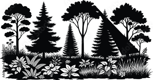 Black and white forest silhouette with pine trees, deciduous foliage, garden plants, fern leaves, and wild woodland vegetation on white background.