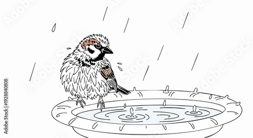Sparrow perched on a rainy birdbath.