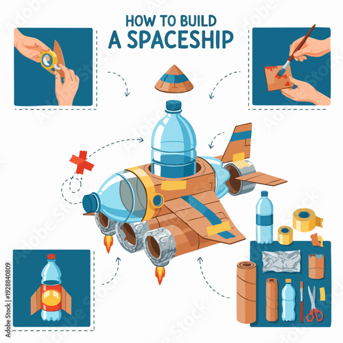 Spaceship building kit instructional infographic.