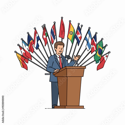 Speaker at podium with international flags.