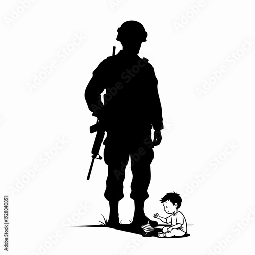 Soldier silhouette standing beside child.