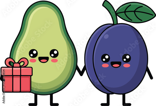 Cute Avocado and Plum Cartoon Character Set Funny Fruit Mascots with Gift Box Line Art