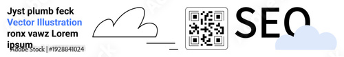 Digital marketing, technology, branding, SEO strategies, online tools, and data sharing. A cloud icon, QR code and SEO text are . Digital marketing and SEO strategies concept