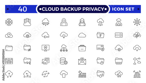 Cloud Backup Privacy outline icon set secure file transfer, FTP, wireless data, shield security, containing cybersecurity, data security, privacy protection, encryption, cloud security, firewall.