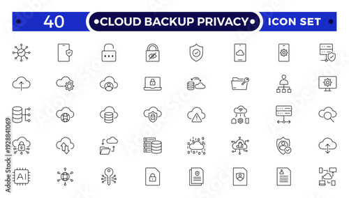 Cloud Backup Privacy outline icon set secure file transfer, FTP, wireless data, shield security, containing cybersecurity, data security, privacy protection, encryption, cloud security, firewall.