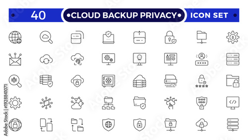 Cloud Backup Privacy outline icon set secure file transfer, FTP, wireless data, shield security, containing cybersecurity, data security, privacy protection, encryption, cloud security, firewall.